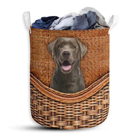 Silver Labrador Dog Rattan Texture Laundry Basket For Bathroom Bedroom Storage