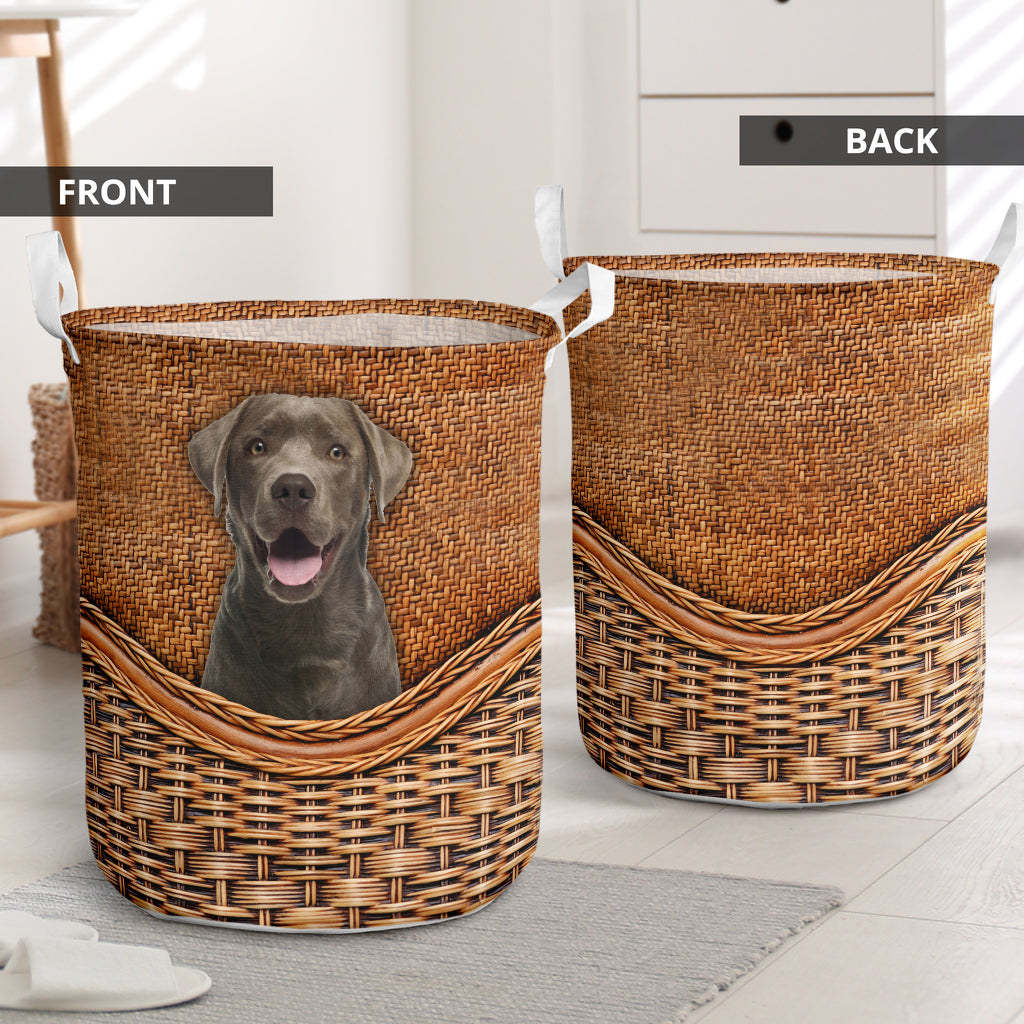 Silver Labrador Dog Rattan Texture Laundry Basket For Room Home Organizer