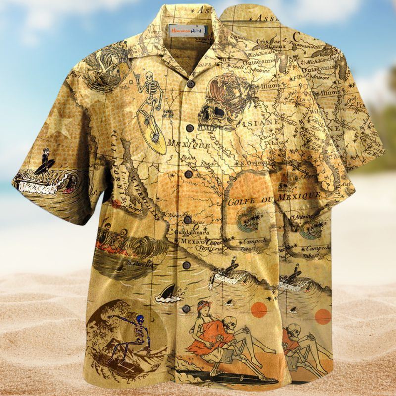 Skeleton Surfing Hawaiian Shirt For Island Vacations, Resort Wear, And Relaxed Seasonal Style
