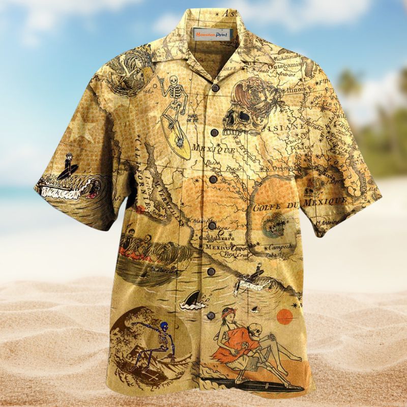 Skeleton Surfing Hawaiian Shirt For Island Vacations, Resort Wear, And Relaxed Seasonal Style