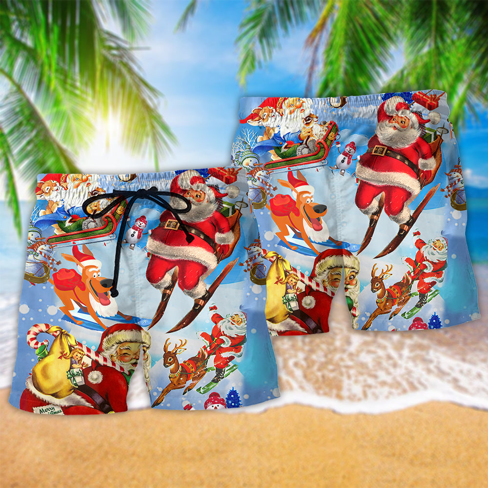 Skiing Santa Christmas Beach Shorts Design Detail For Coastal Escapes And Daily Wear
