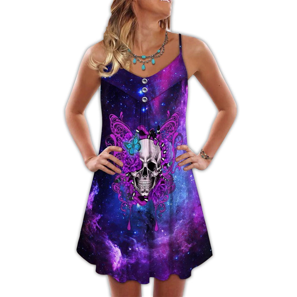 Skull Butterfly Purple Mysterious V-Neck Sleeveless Cami Dress For Weekend Parties And Distinctive Outfits