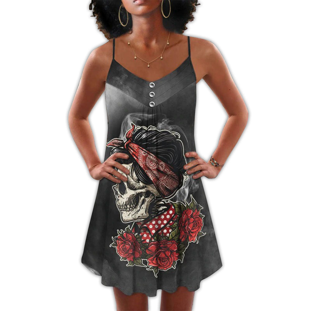 Skull Rose Blur Dark V-Neck Sleeveless Cami Dress For Gothic Events And Relaxed Casual Wear