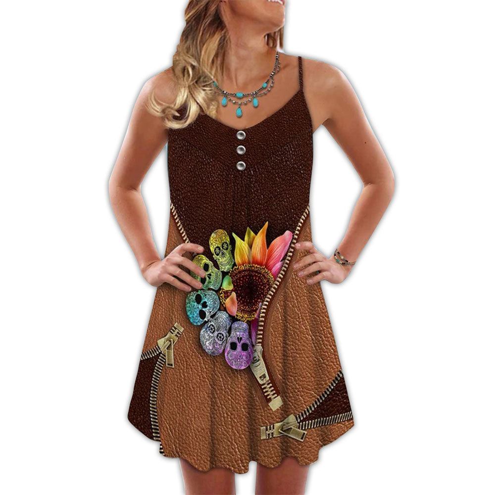 Sugar Skull Sunflower Leather V-Neck Sleeveless Cami Dress For Travel And Expressive Warm Weather Fashion