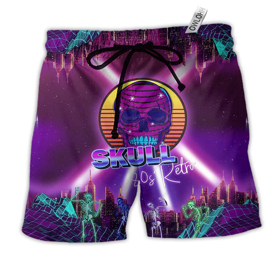 Skull 80S Retro Style Hawaiian Print Beach Shorts For Weekend Adventures And Comfort