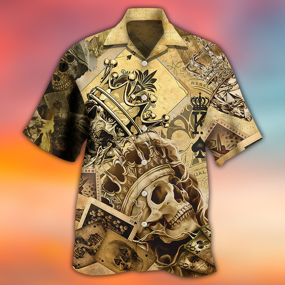 Skull And Casino Cards Hawaiian Shirt With Detailed Graphic For Resort Travel Summer Outings And Casual Gatherings