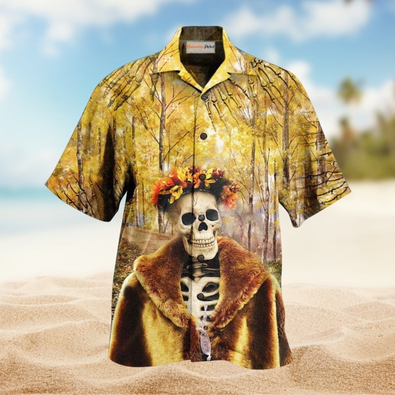 Skull Amazing Skeleton In Autumn Hawaiian Shirt For Summer Vacation Beach Travel And Relaxed Casual Wear