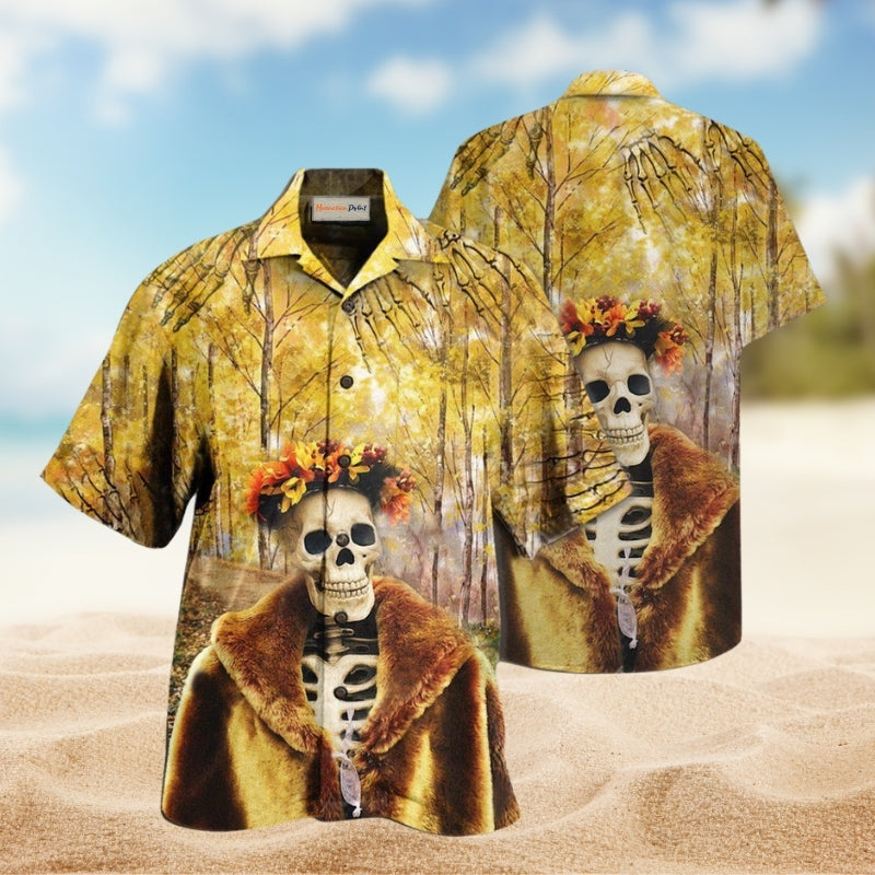 Skull Amazing Skeleton In Autumn Hawaiian Shirt For Summer Vacation Beach Travel And Relaxed Casual Wear