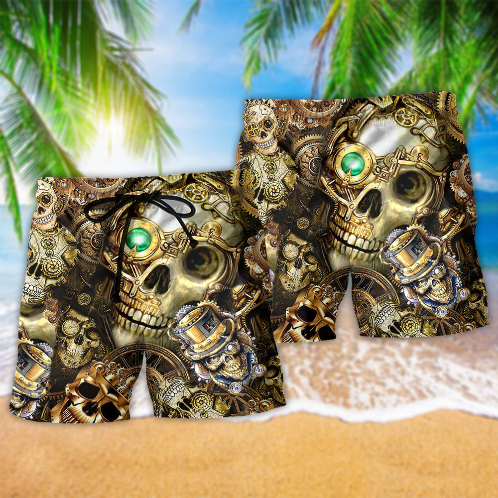 Skull Amazing Steampunk Vintage Hawaiian Print Beach Shorts For Striking Resort Looks