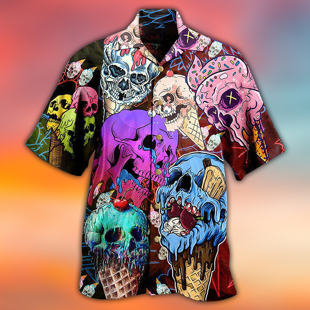 Skull And Ice Cream Hawaiian Shirt With Detailed Graphic For Tropical Holiday Resort Parties And Everyday Style