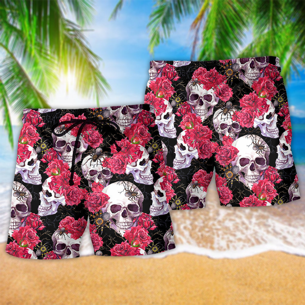 Skull And Roses Floral Beach Shorts Design Detail For Resort And Beach Day Style