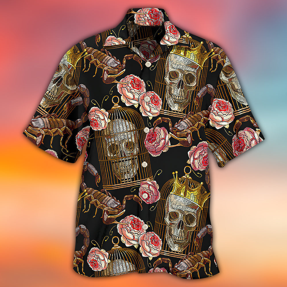 Skull And Scorpion Hawaiian Shirt With Detailed Graphic For Coastal Trips Outdoor Events And Relaxed Summer Wear