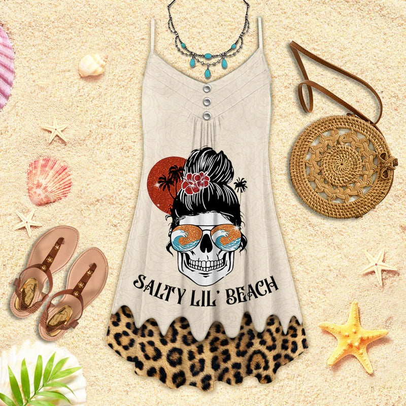 Skull Beach Salty Lil Beach V-Neck Sleeveless Cami Dress For Travel And Expressive Warm Weather Fashion