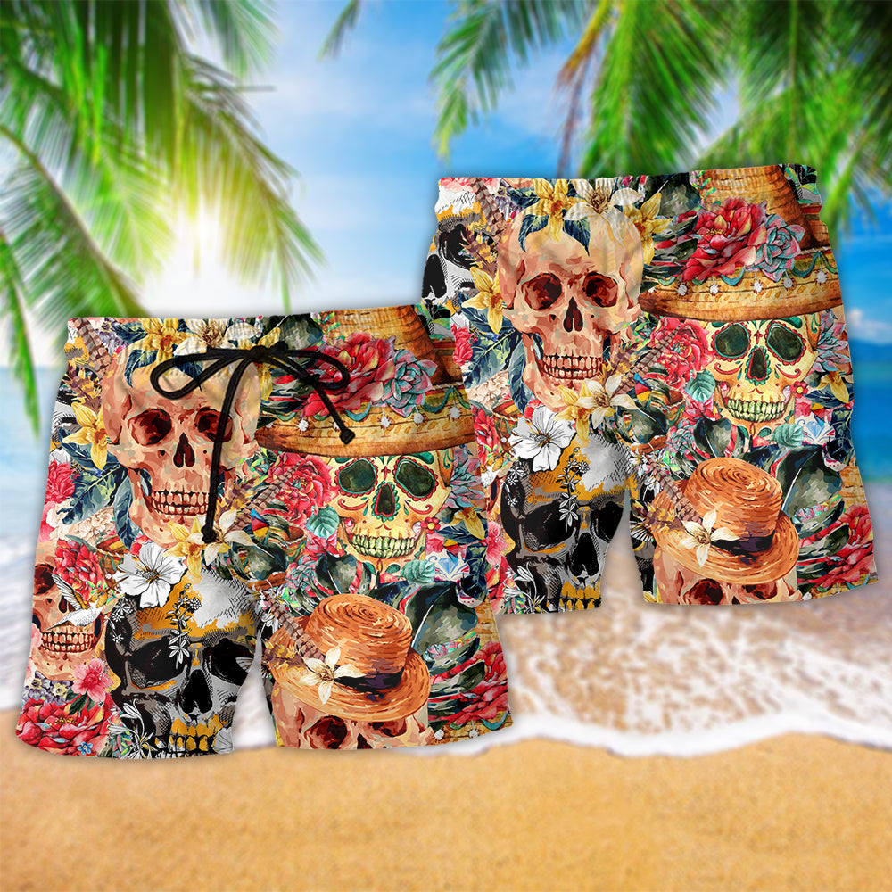 Floral Skull Beauty Beach Shorts Pattern Detail For Cruise Vacations And Memorable Gift Ideas