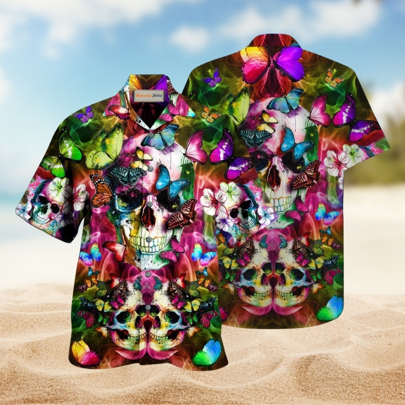 Skull Beautiful Love Butterfly Hawaiian Shirt For Summer Vacation Beach Travel And Relaxed Casual Wear