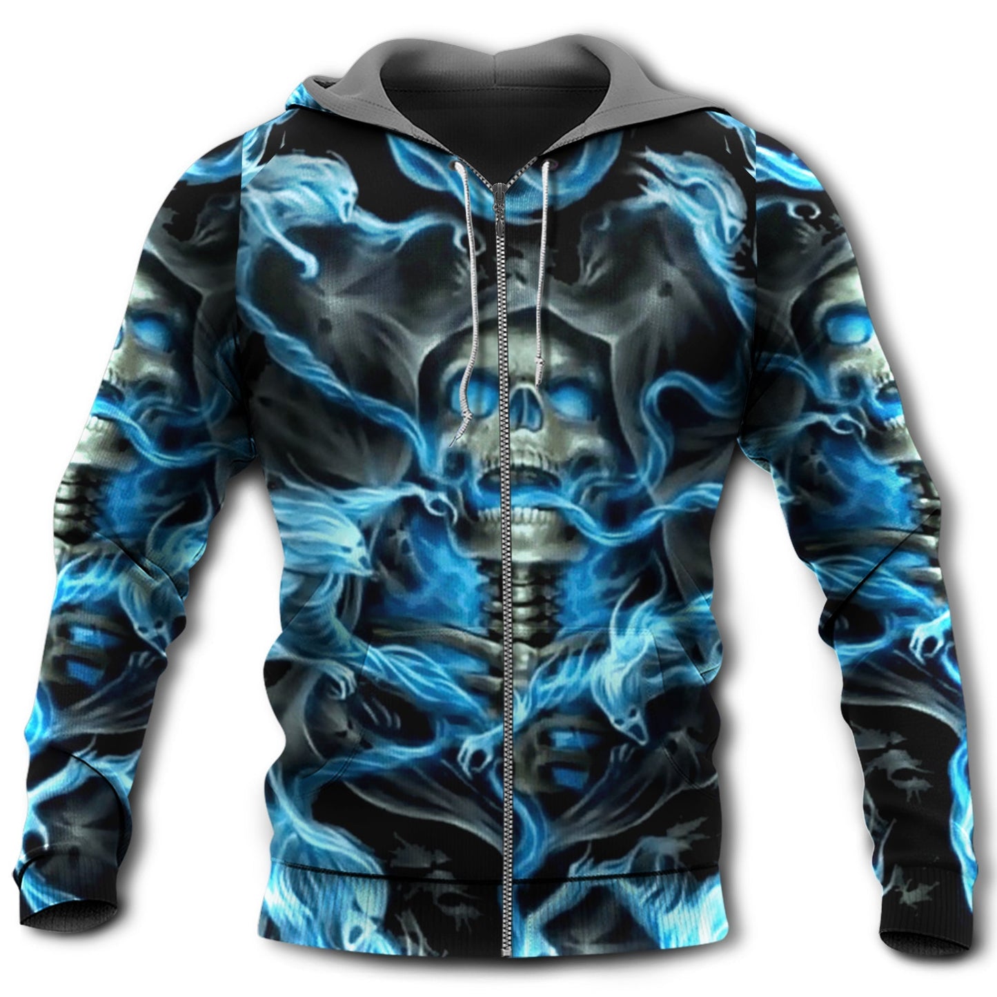 Black Blue Skull Hoodie For Dark Themed Outfits Outdoor Trips And Casual Comfort