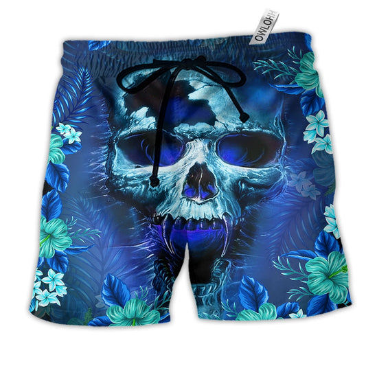 Skull Blue Hello Summer Cool Hawaiian Print Beach Shorts For Beach Days And Resort Travel