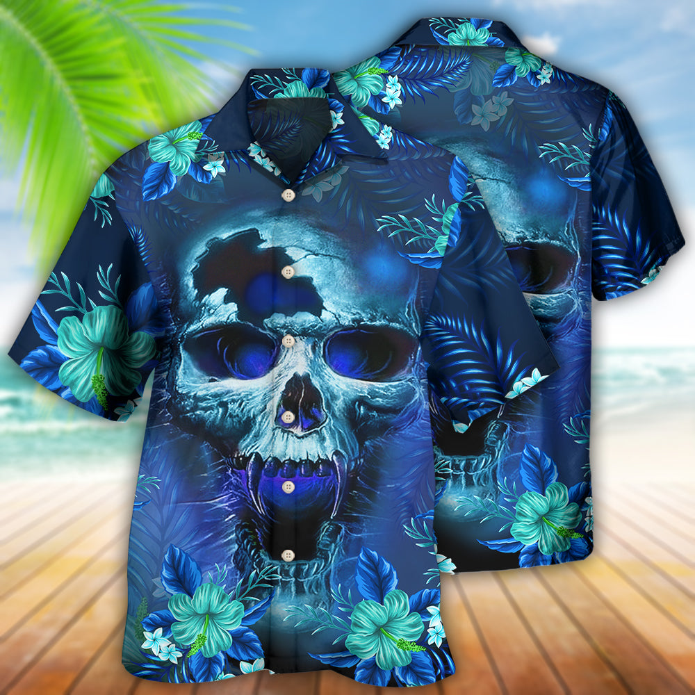 Summer Blue Skull Hawaiian Shirt With All Over Print For Tropical Getaways Outdoor Fun And Everyday Wear