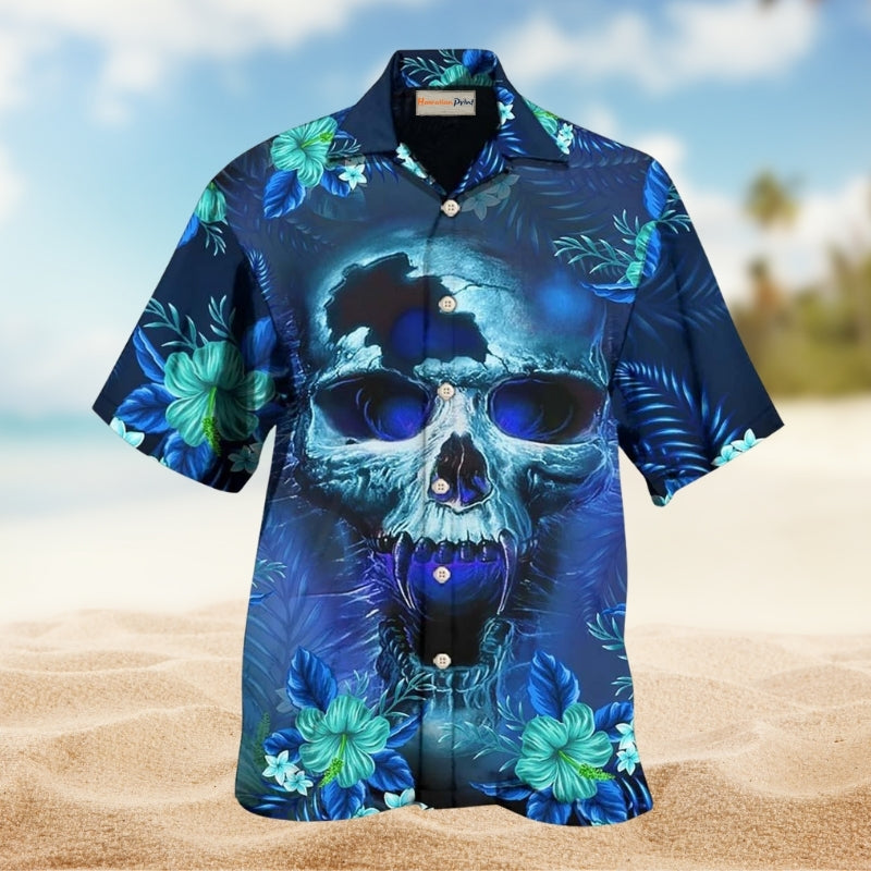 Vintage Skull Artwork Hawaiian Shirt Detailed Pattern View For Casual Outings
