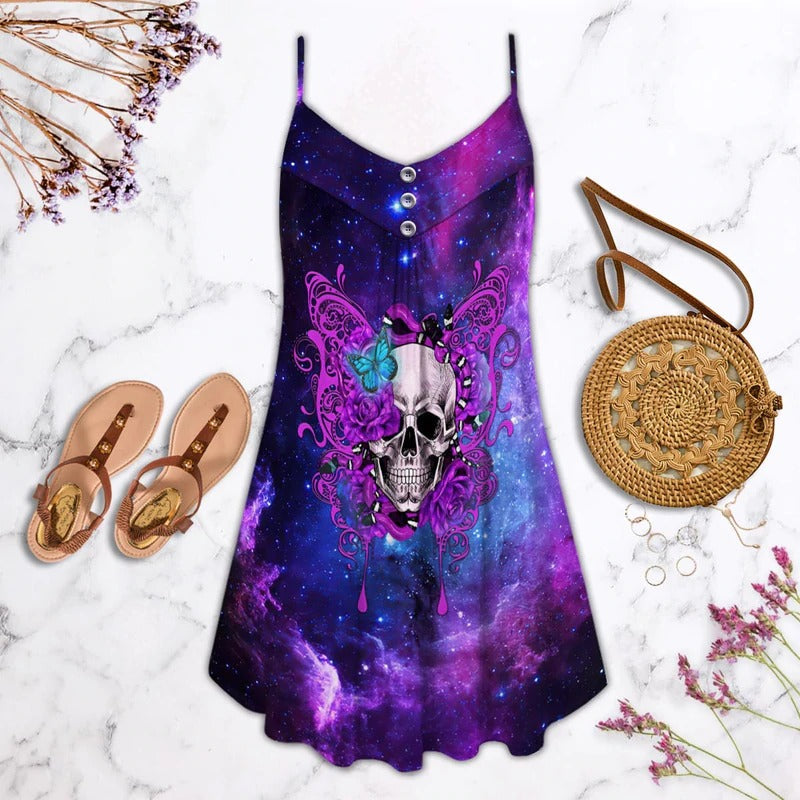 Skull Butterfly Purple Mysterious V-Neck Sleeveless Cami Dress For Weekend Parties And Distinctive Outfits