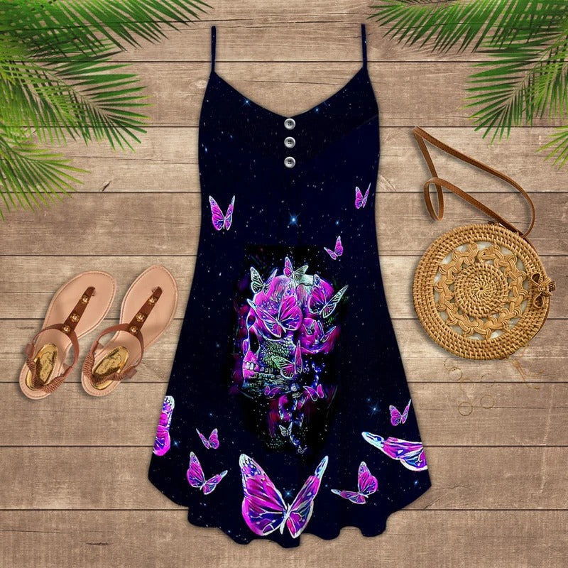 Skull Butterfly Black V-Neck Sleeveless Cami Dress For Weekend Parties And Distinctive Outfits