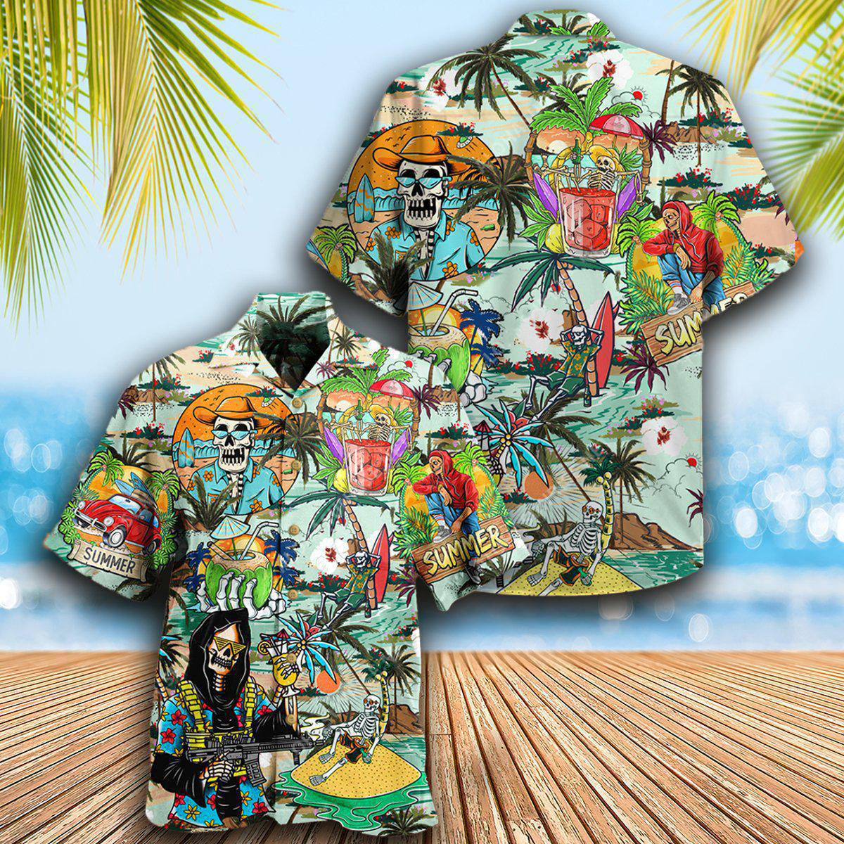 Summer Skull And Tropical Beach Hawaiian Shirt With All Over Print For Coastal Trips Outdoor Events And Relaxed Summer Wear