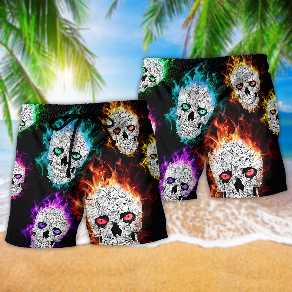 Fire Colorful Skull Smile Beach Shorts Pattern Detail For Casual Summer Plans And Warm Weather Wardrobe