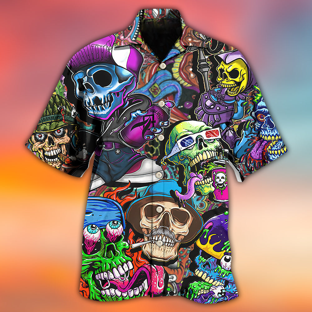 Colorful Skull Hawaiian Shirt With Detailed Graphic For Coastal Vacations Warm Weather Events And Daily Style