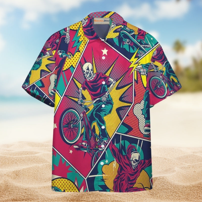 Skull Comic Riding Style Hawaiian Shirt For Resort Getaways Outdoor Parties And Everyday Summer Wear