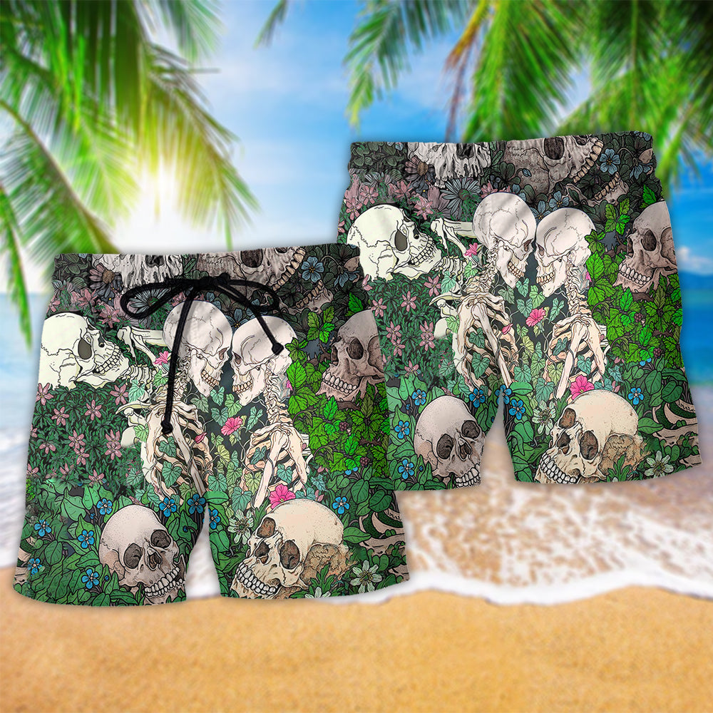 Skull Couple Kiss Floral Romantic Beach Shorts Pattern Detail For Leisure Travel And Warm Weather Wardrobe