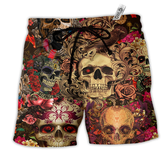 Skull Day Of The Dead Floral Hawaiian Print Beach Shorts For Beach Days And Resort Travel
