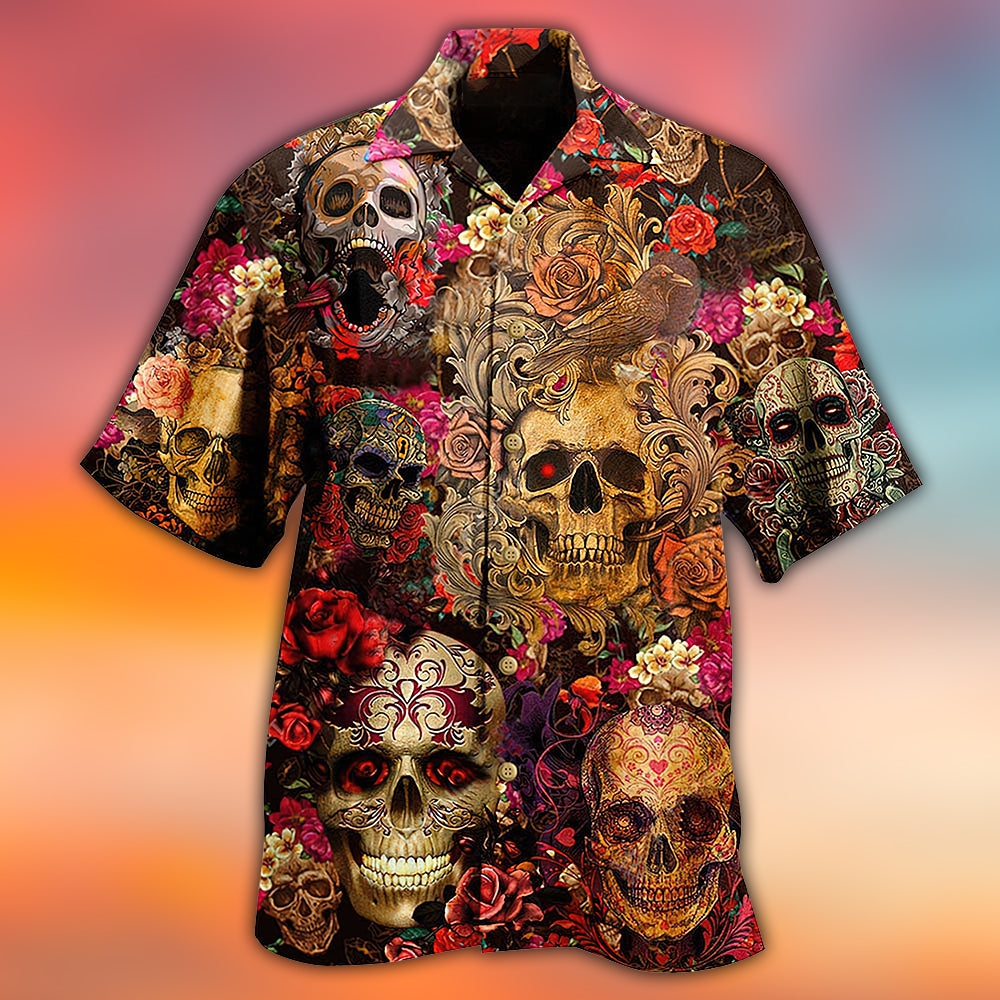 Floral Sugar Skull Hawaiian Shirt For Beach Vacations Casual Parties And Warm Weather Style And Casual Gifting