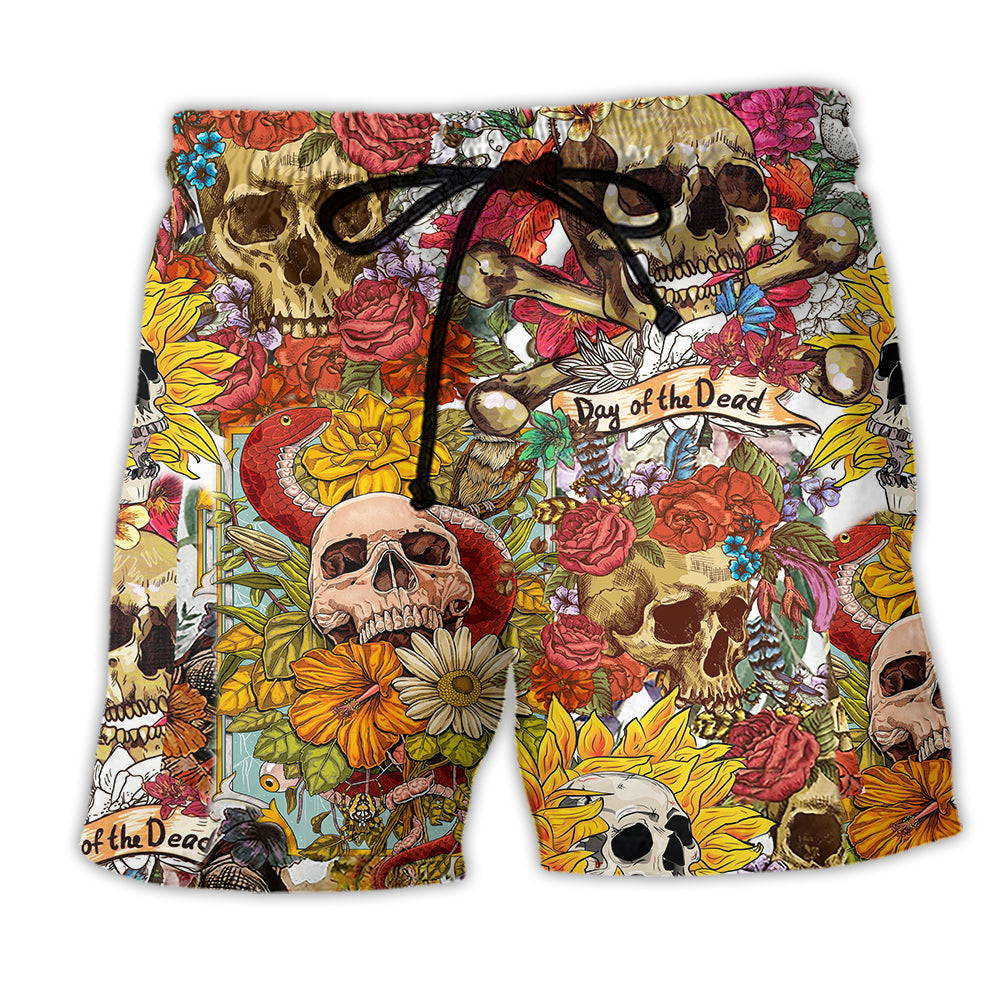Skull Day Of Dead Floral Beach Shorts Design Detail For Resort And Beach Day Style
