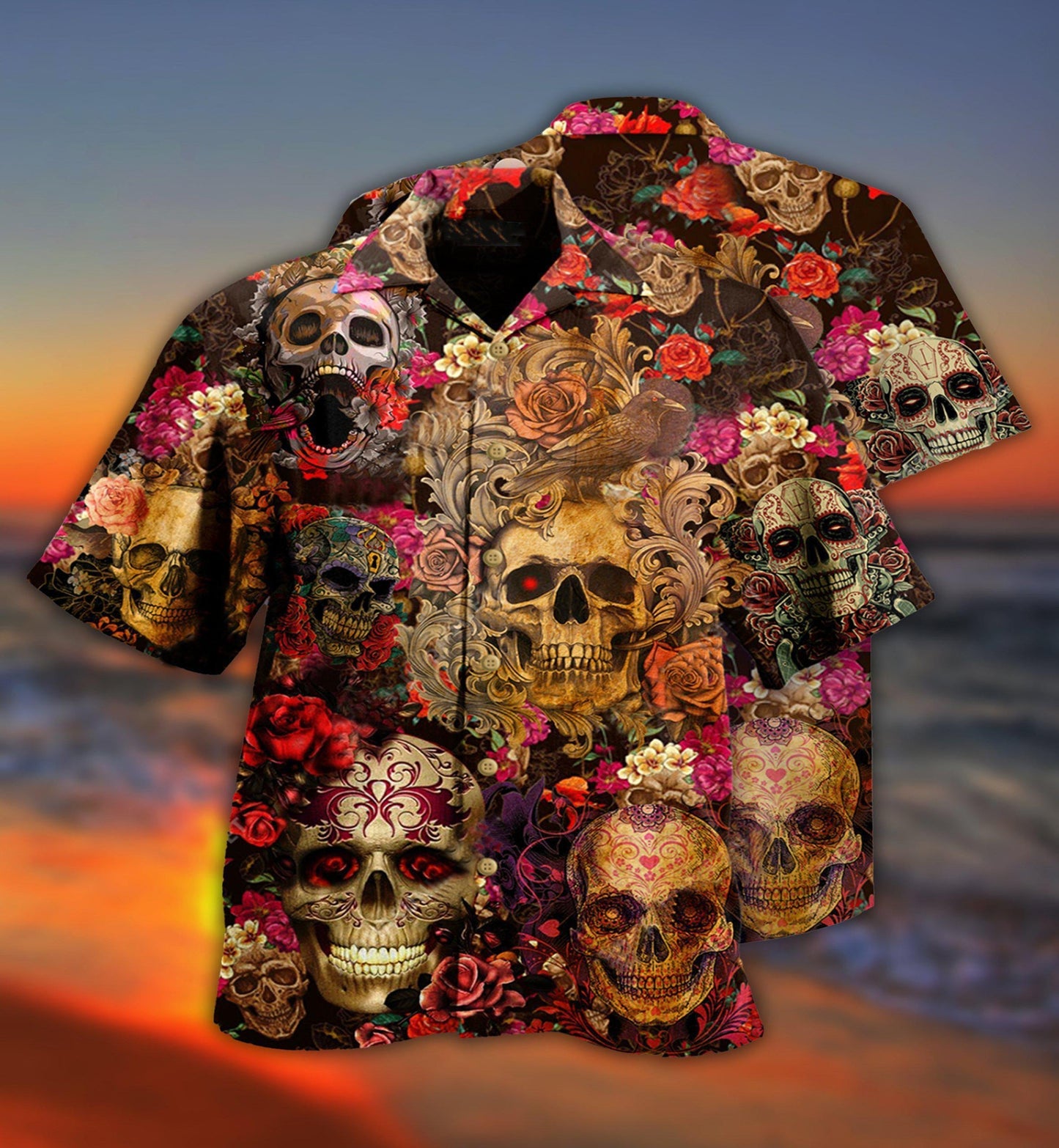 Floral Sugar Skull Hawaiian Shirt With Tropical Pattern For Beach Vacations Casual Parties And Warm Weather Style
