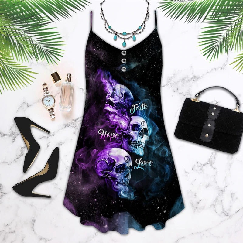 Skull Faith Hope Love Mysterious V-Neck Sleeveless Cami Dress For Travel And Expressive Warm Weather Fashion