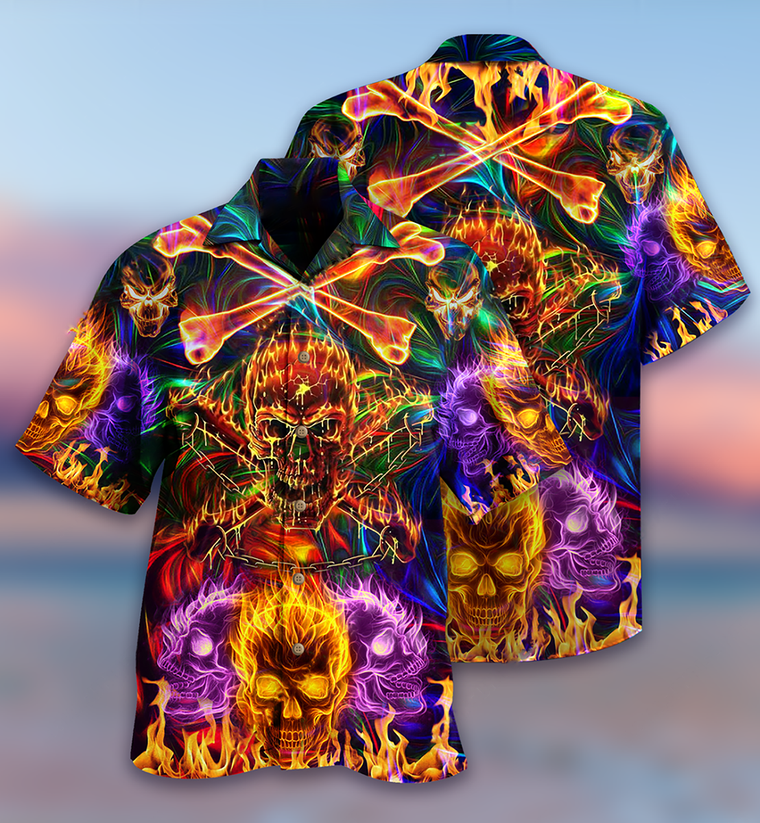 Flame Skull Hawaiian Shirt With All Over Print For Resort Travel Summer Outings And Casual Gatherings