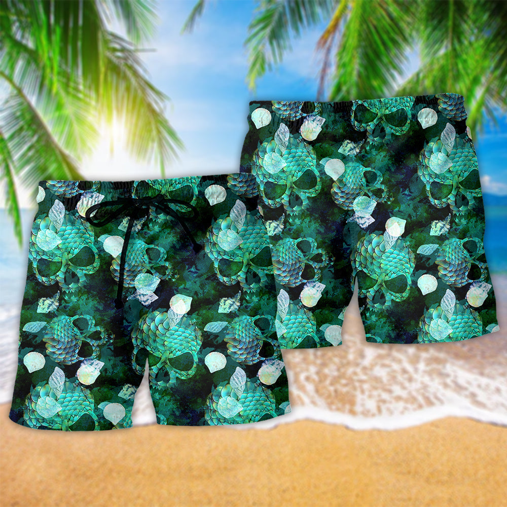 Green Skull Fish Fantasy Beach Shorts Print View For Coastal Escapes And Casual Outings