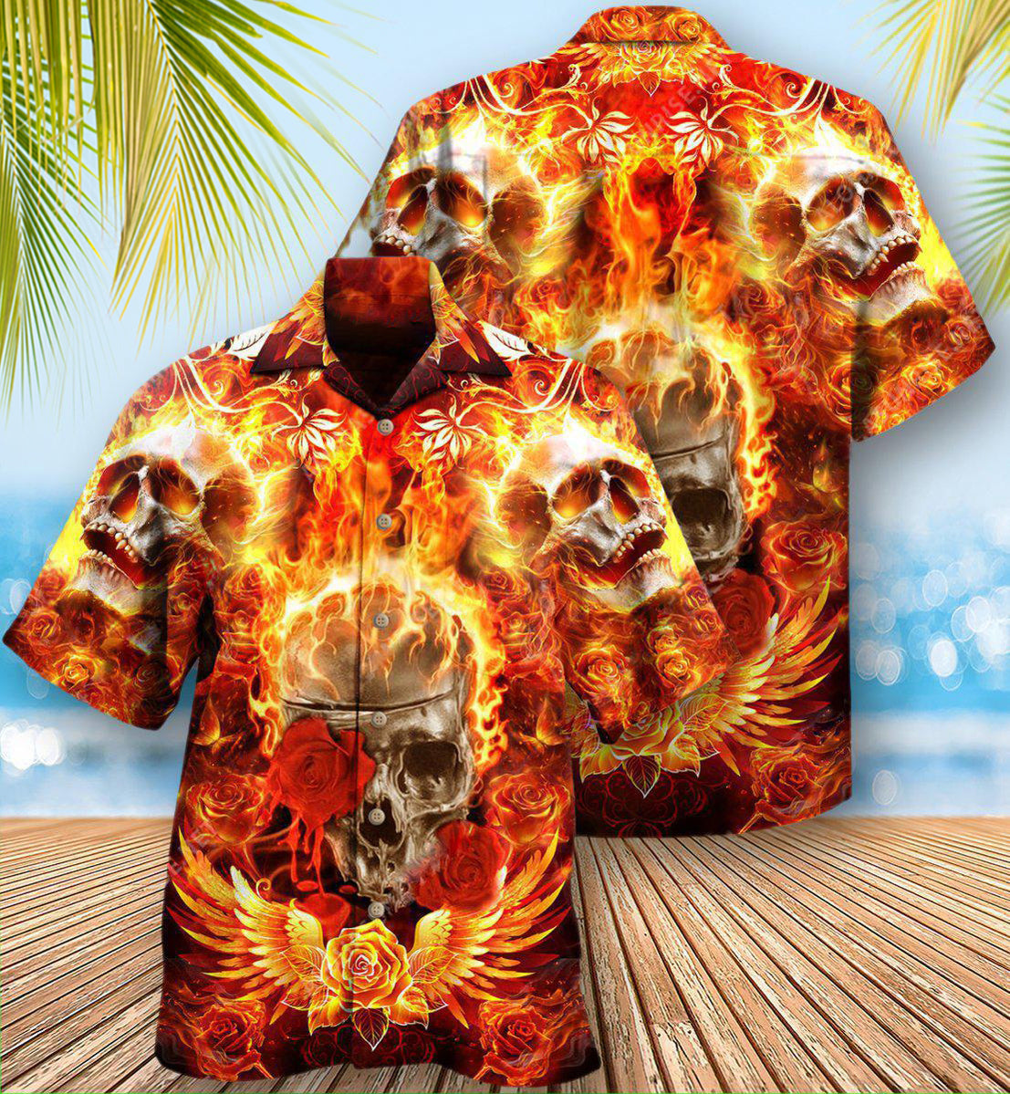 Rose Flame Skull Hawaiian Shirt With All Over Print For Tropical Travel Beach Gatherings And Comfortable Wear