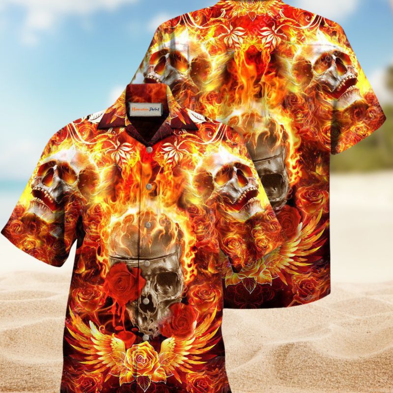 Skull Flaming Rose Hawaiian Shirt For Vacation Adventures Beach Events And Relaxed Warm Weather Style