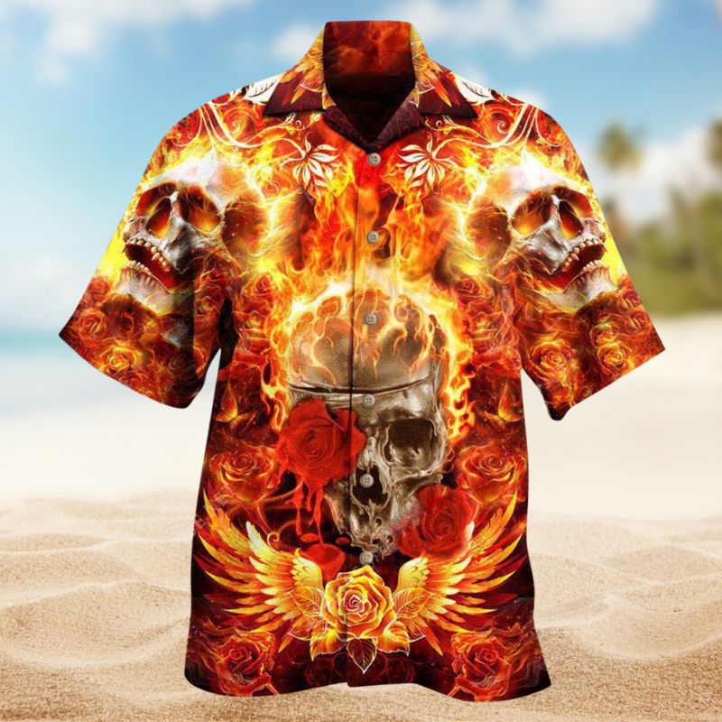 Skull Flaming Rose Hawaiian Shirt For Vacation Adventures Beach Events And Relaxed Warm Weather Style