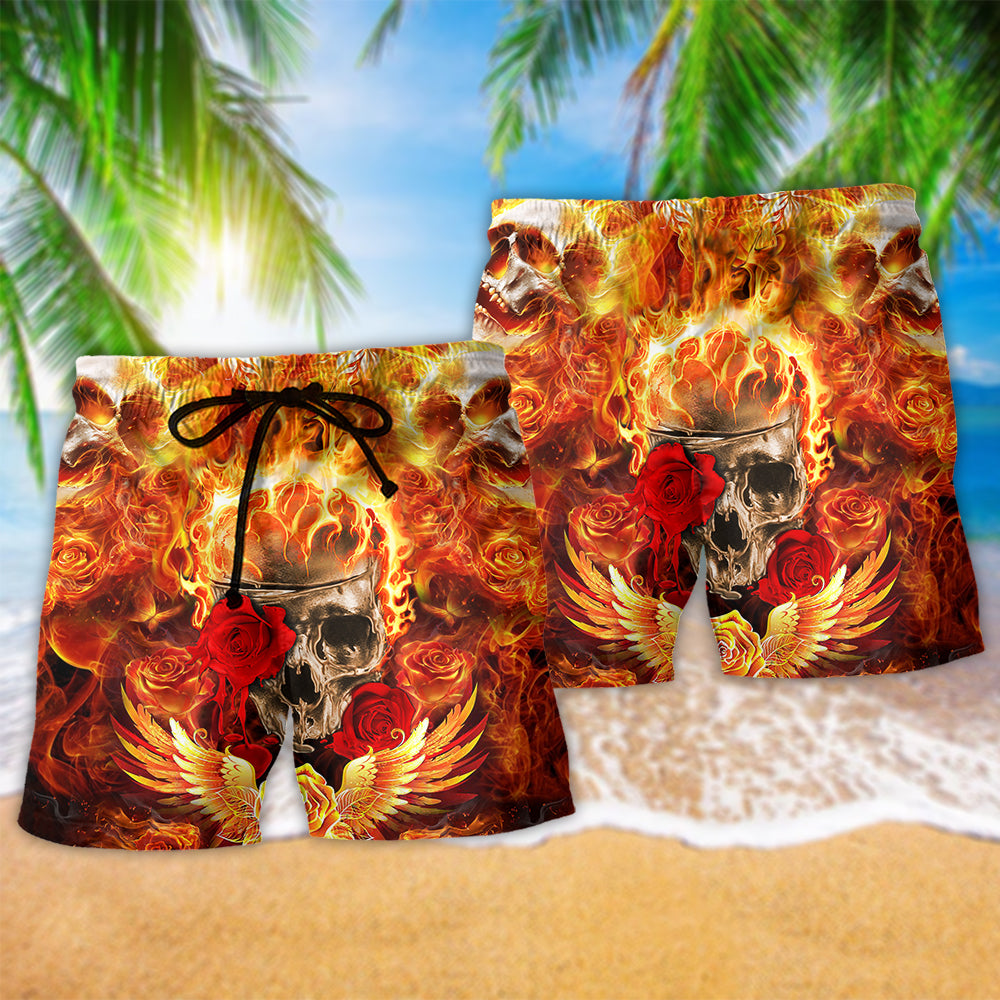 Skull Rose Flaming Fire Beach Shorts Design Detail For Resort And Beach Day Style