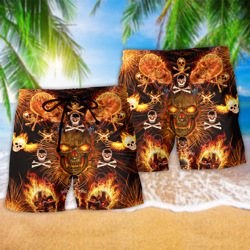 Flaming Skull Fire Beach Shorts Pattern Detail For Everyday Outings And Casual Outdoor Comfort