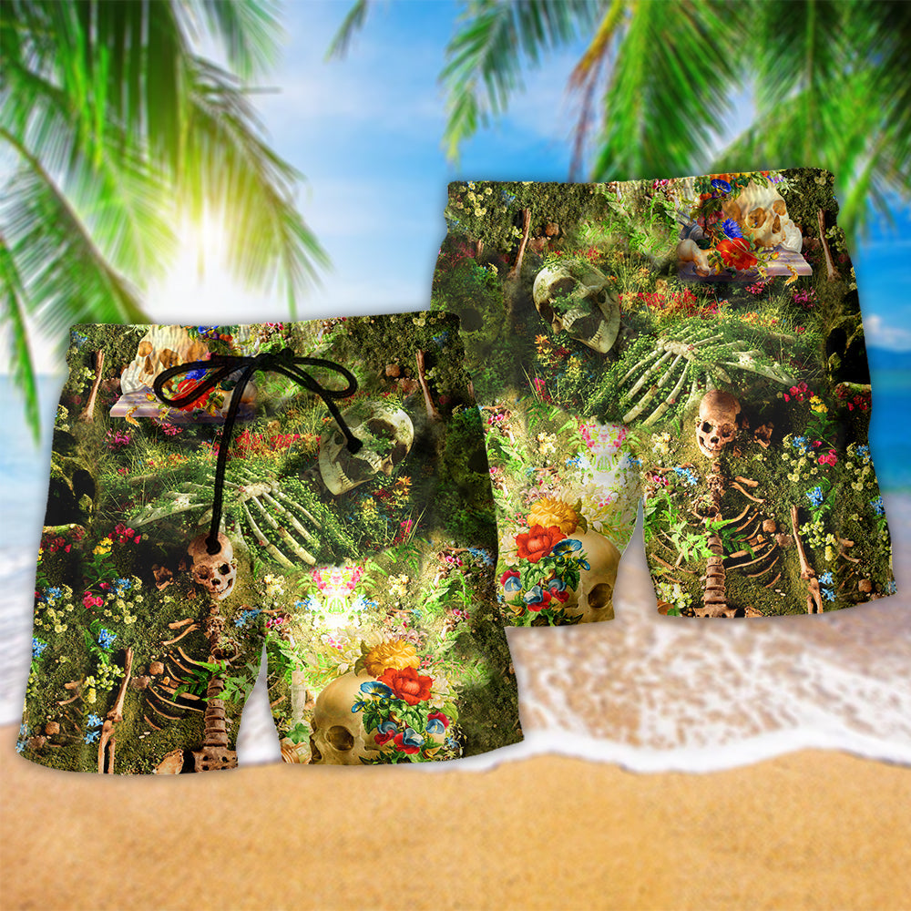 Skull Flower Skeleton Forever Hawaiian Print Beach Shorts For Tropical Vacation Wear