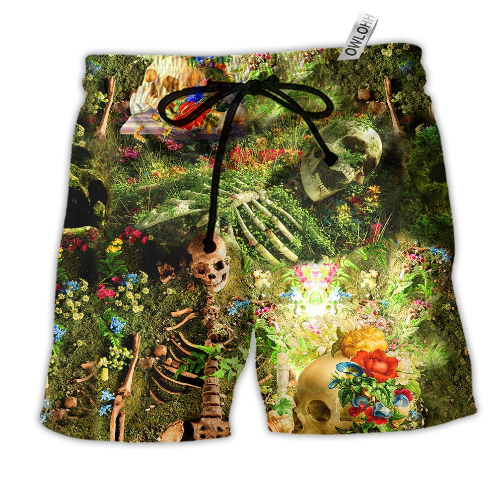 Skull Flower Skeleton Forever Hawaiian Print Beach Shorts For Beach Days And Resort Travel