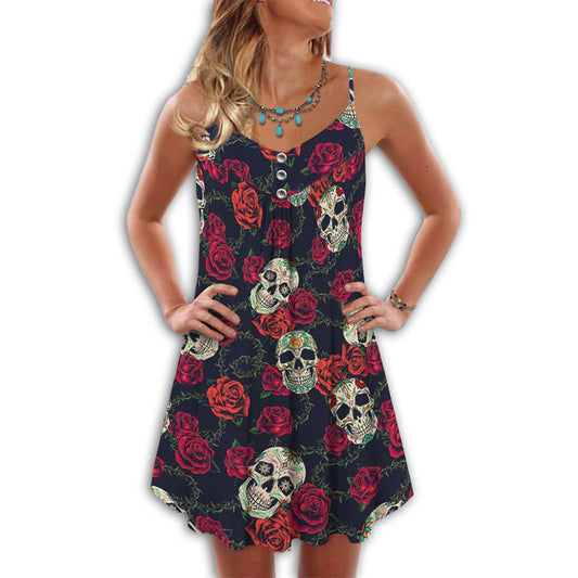 Black And Red Rose Skull – Women's Summer Sleeveless V-Neck Camisole Dress