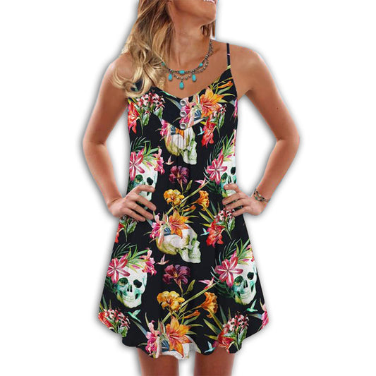 Tropical Skull Flowers – Women's Summer Sleeveless V-Neck Camisole Dress