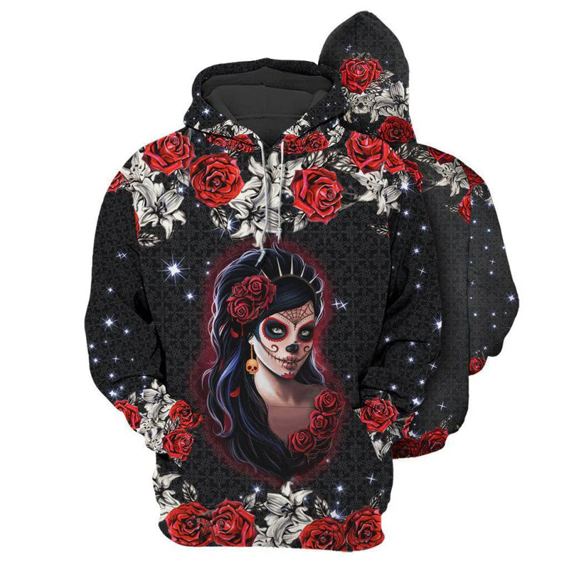Red Skull Girl Rose Hoodie For Gothic Art Lovers Daily Wear And Weekend Adventures