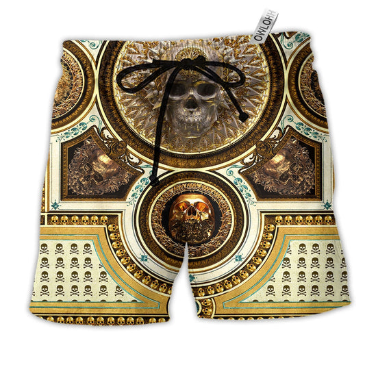Skull Gold Cool Luxury Style Hawaiian Print Beach Shorts For Fantasy Fan Beach Days
