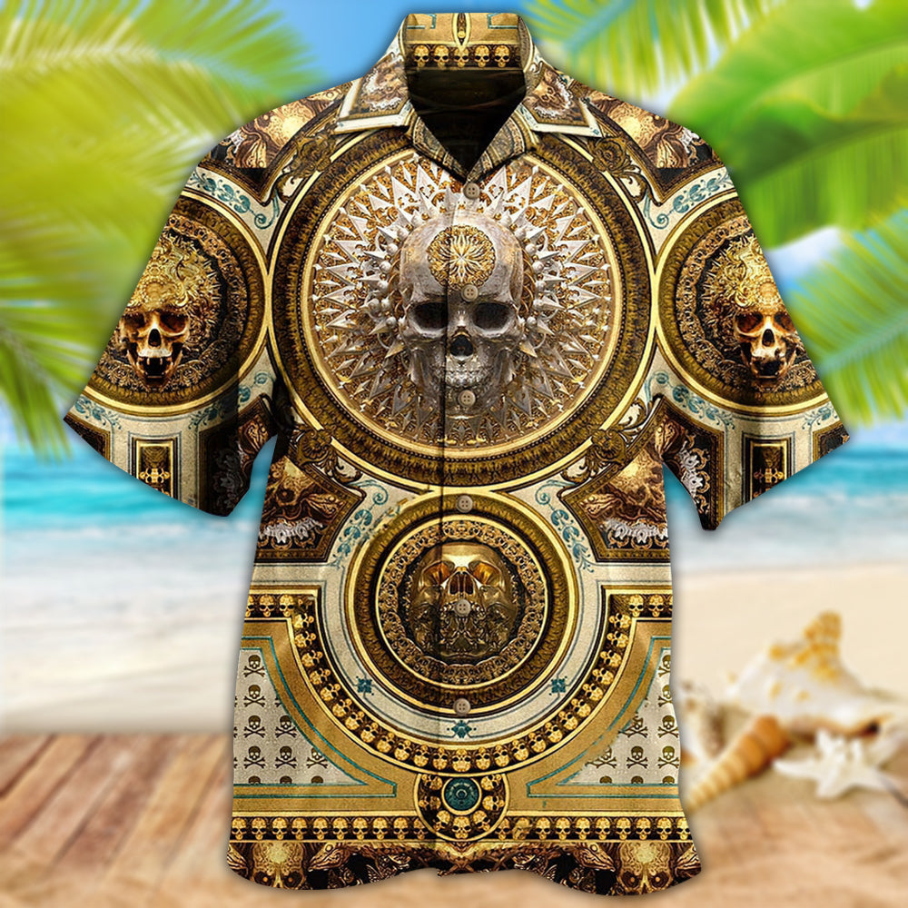 Gold Skull Hawaiian Shirt With Detailed Graphic For Summer Travel Coastal Events And Thoughtful Gift Giving