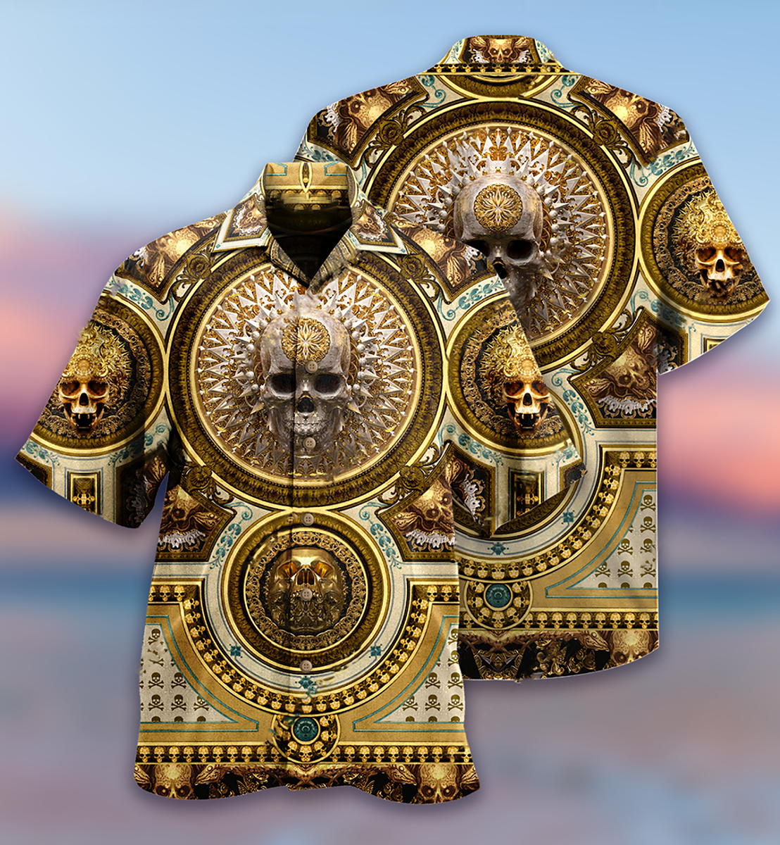 Gold Skull Hawaiian Shirt With All Over Print For Summer Travel Coastal Events And Thoughtful Gift Giving